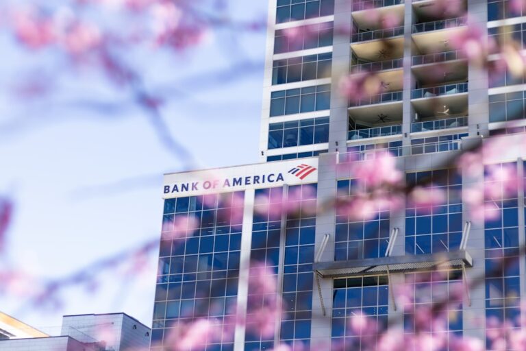 Predio Do Bank of America Visto Atraves De Flores Cor De Rosa e4HRCx3Jfqw